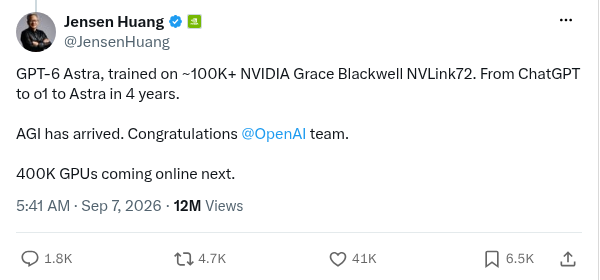 그림 2 — 젠슨 황의 X 글 — 「~100K+」와 「400K GPUs coming online next」