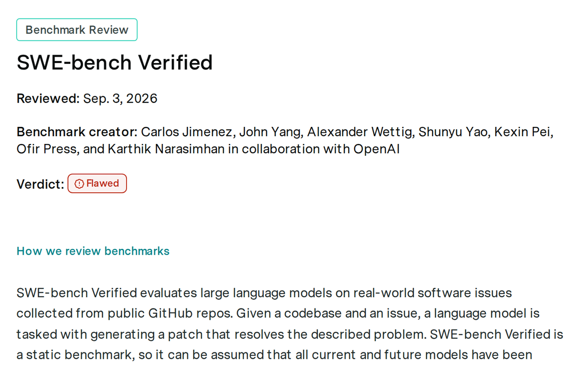 그림 2 — 에포크 AI SWE-bench Verified 리뷰 페이지 「Verdict: Flawed」 화면 · 2026-09-28