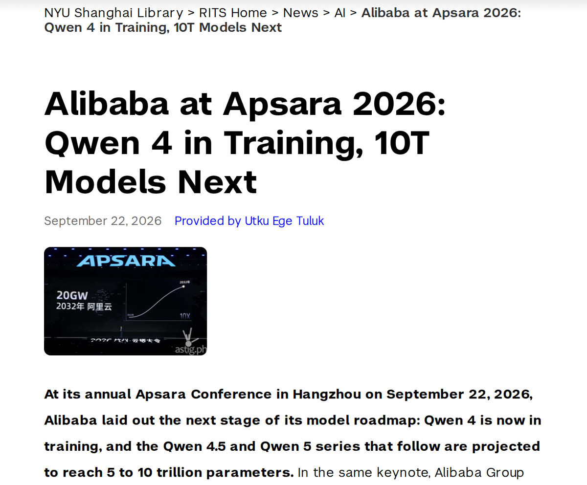 그림 1 — 뉴욕대 상하이 연구소 「Alibaba at Apsara 2026: Qwen 4 in Training, 10T Models Next」 분석 글 화면 · 2026-10-04